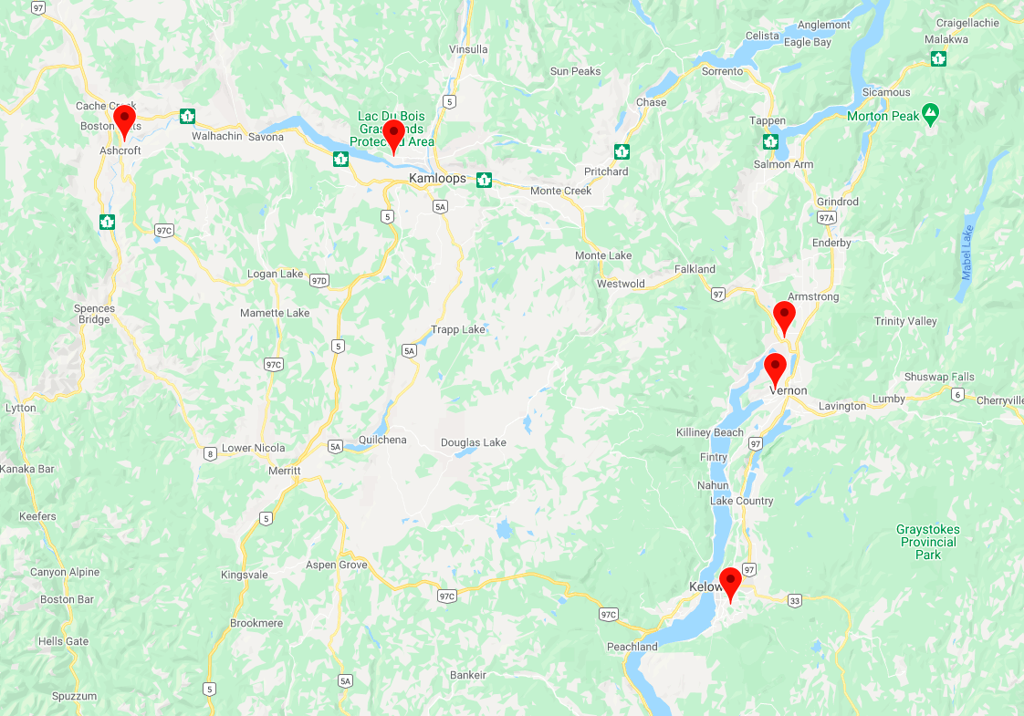 Google map with five red location tags
